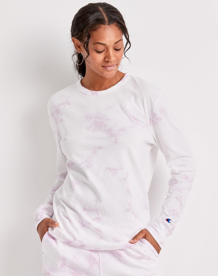 Champion Dame T-Shirts Hvide - Galaxy Dye Long-Sleeve Boyfriend C Flower Logo - Danmark IOX-103675